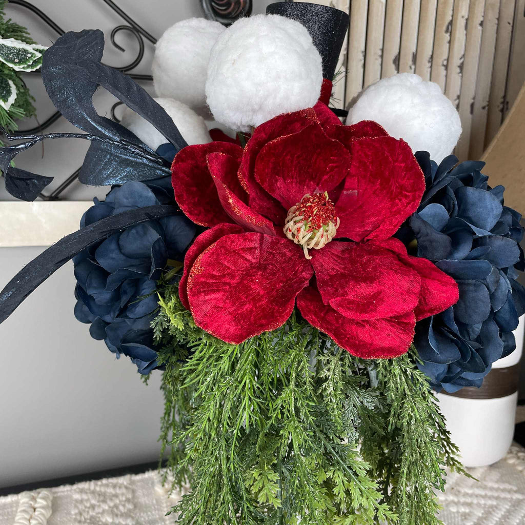 Christmas Centerpiece Red Magnolia White Metal Cup Black Top Hat