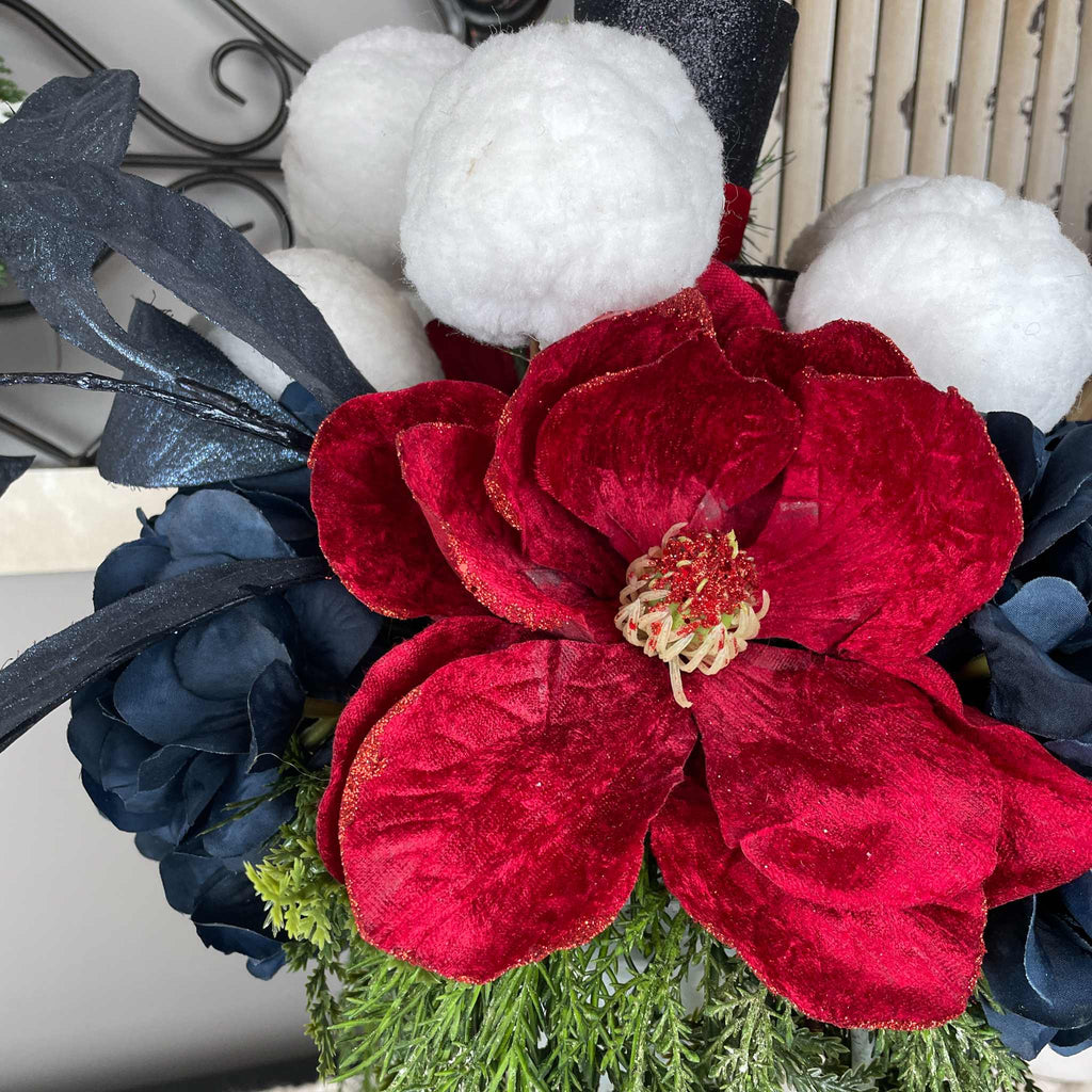 Christmas Centerpiece Red Magnolia White Metal Cup Black Top Hat