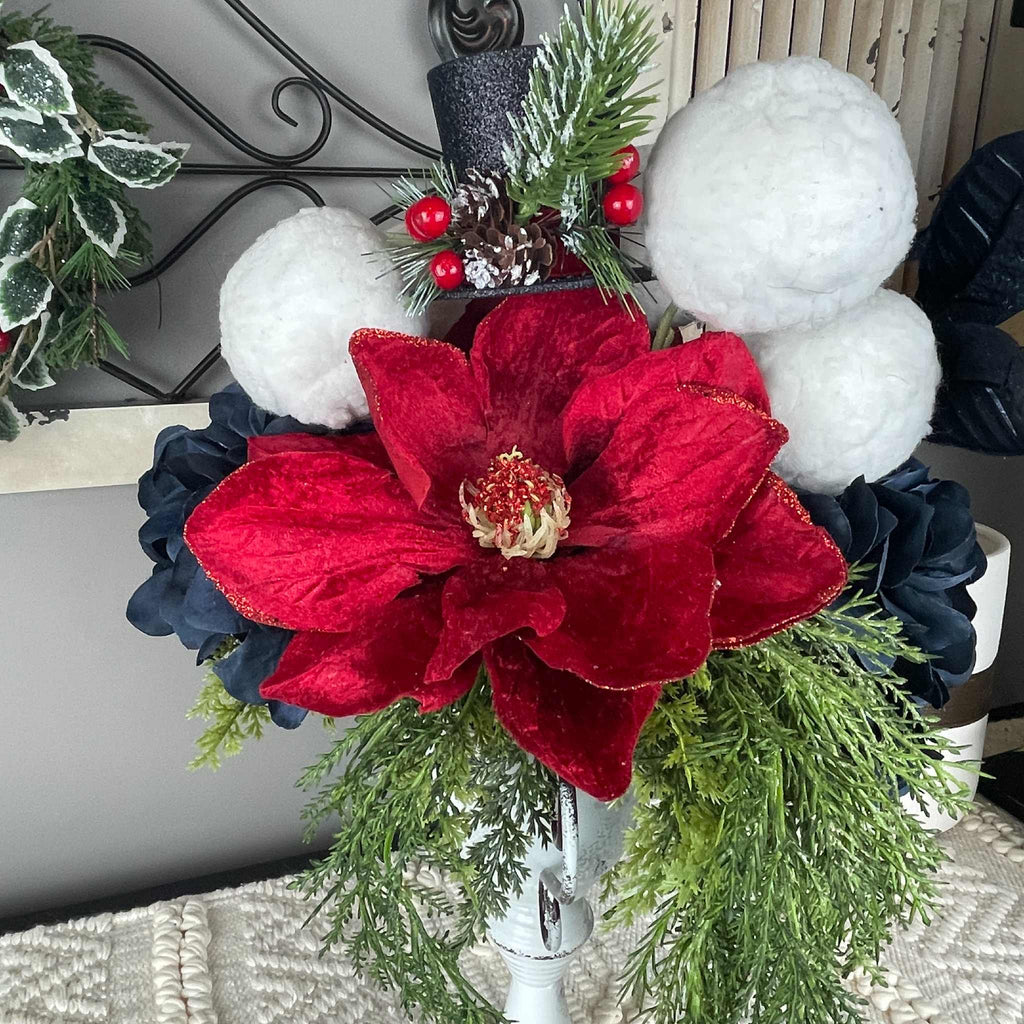 Christmas Centerpiece Red Magnolia White Metal Cup Black Top Hat