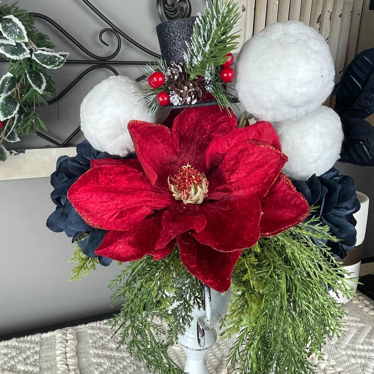 Christmas Centerpiece Red Magnolia White Metal Cup Black Top Hat
