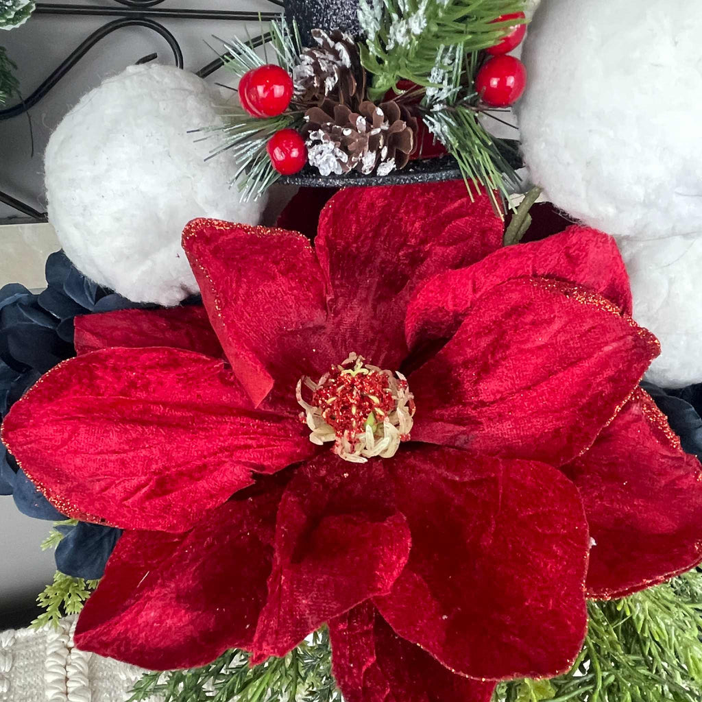 Christmas Centerpiece Red Magnolia White Metal Cup Black Top Hat