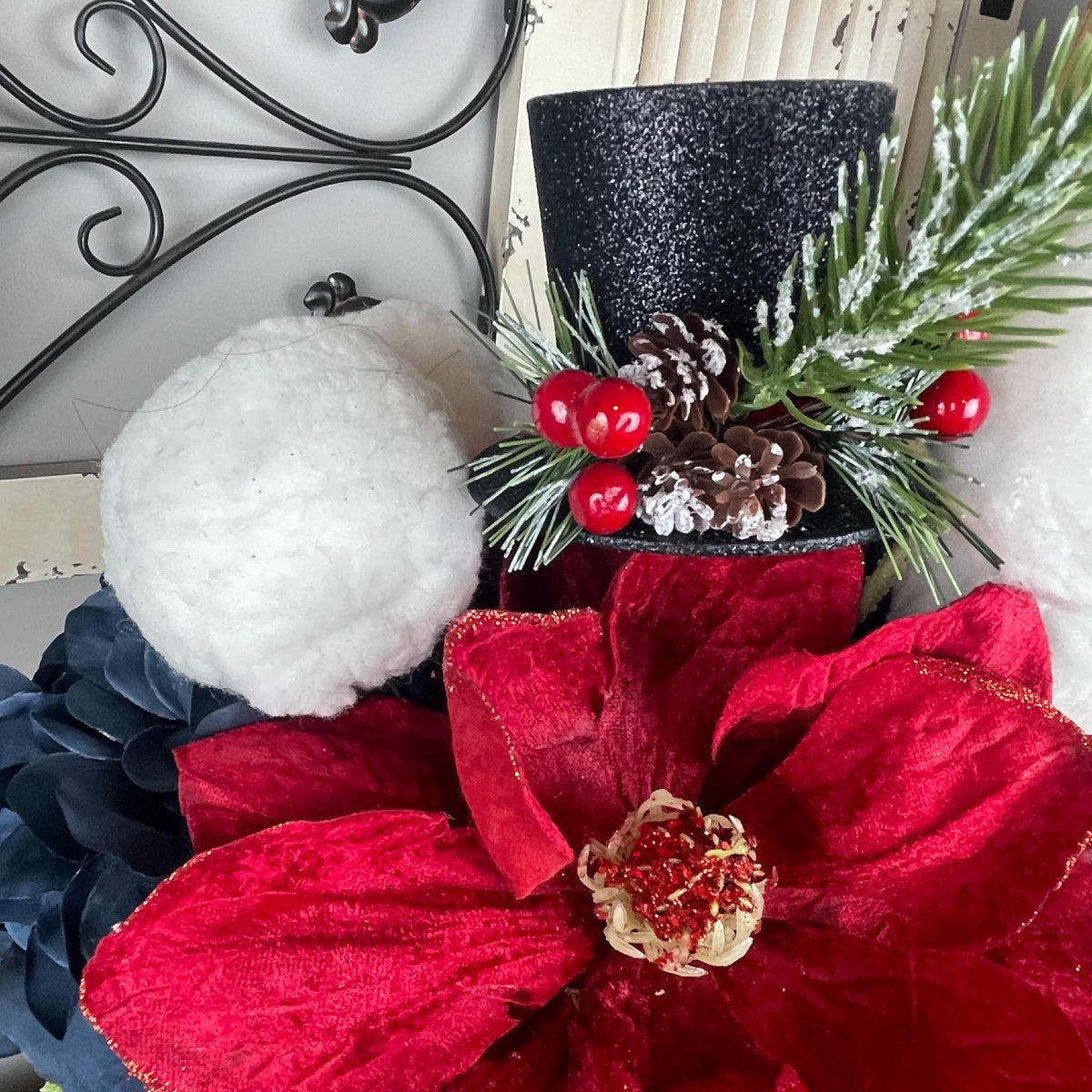 Christmas Centerpiece Red Magnolia White Metal Cup Black Top Hat
