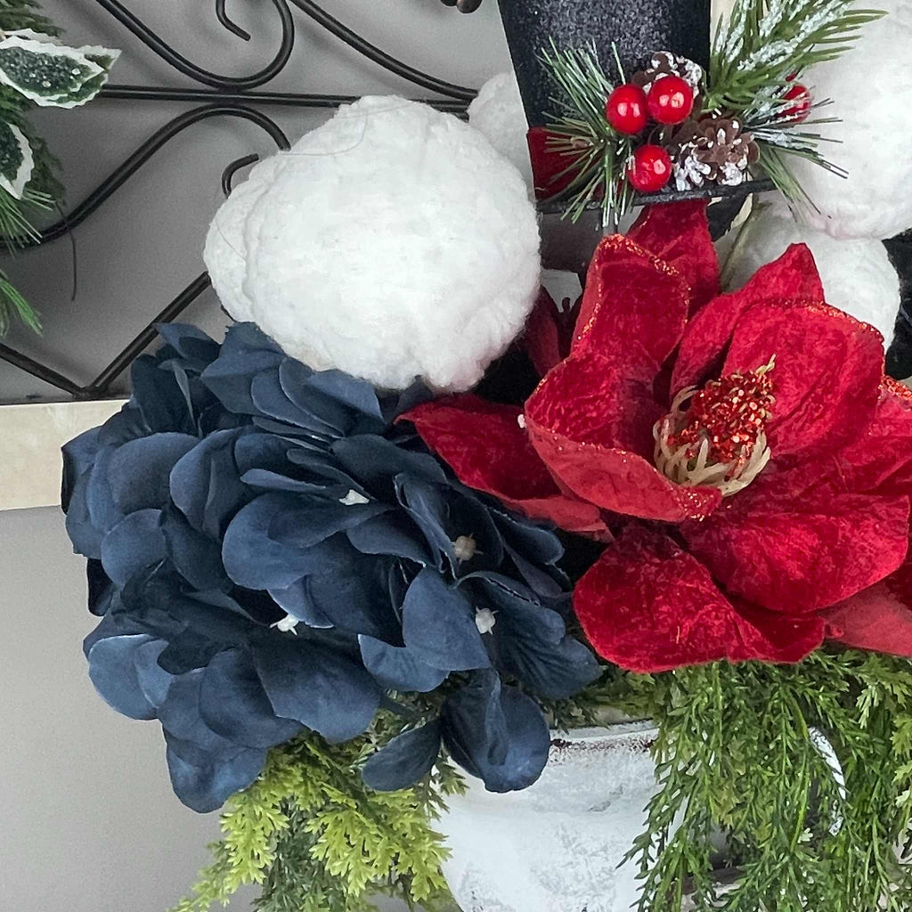 Christmas Centerpiece Red Magnolia White Metal Cup Black Top Hat