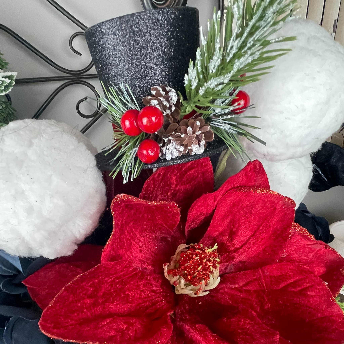 Christmas Centerpiece Red Magnolia White Metal Cup Black Top Hat