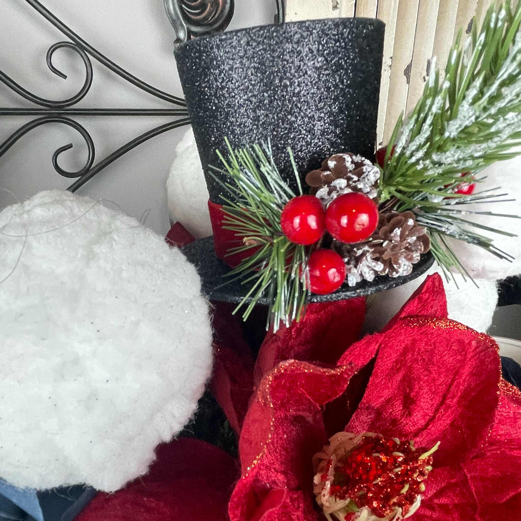 Christmas Centerpiece Red Magnolia White Metal Cup Black Top Hat