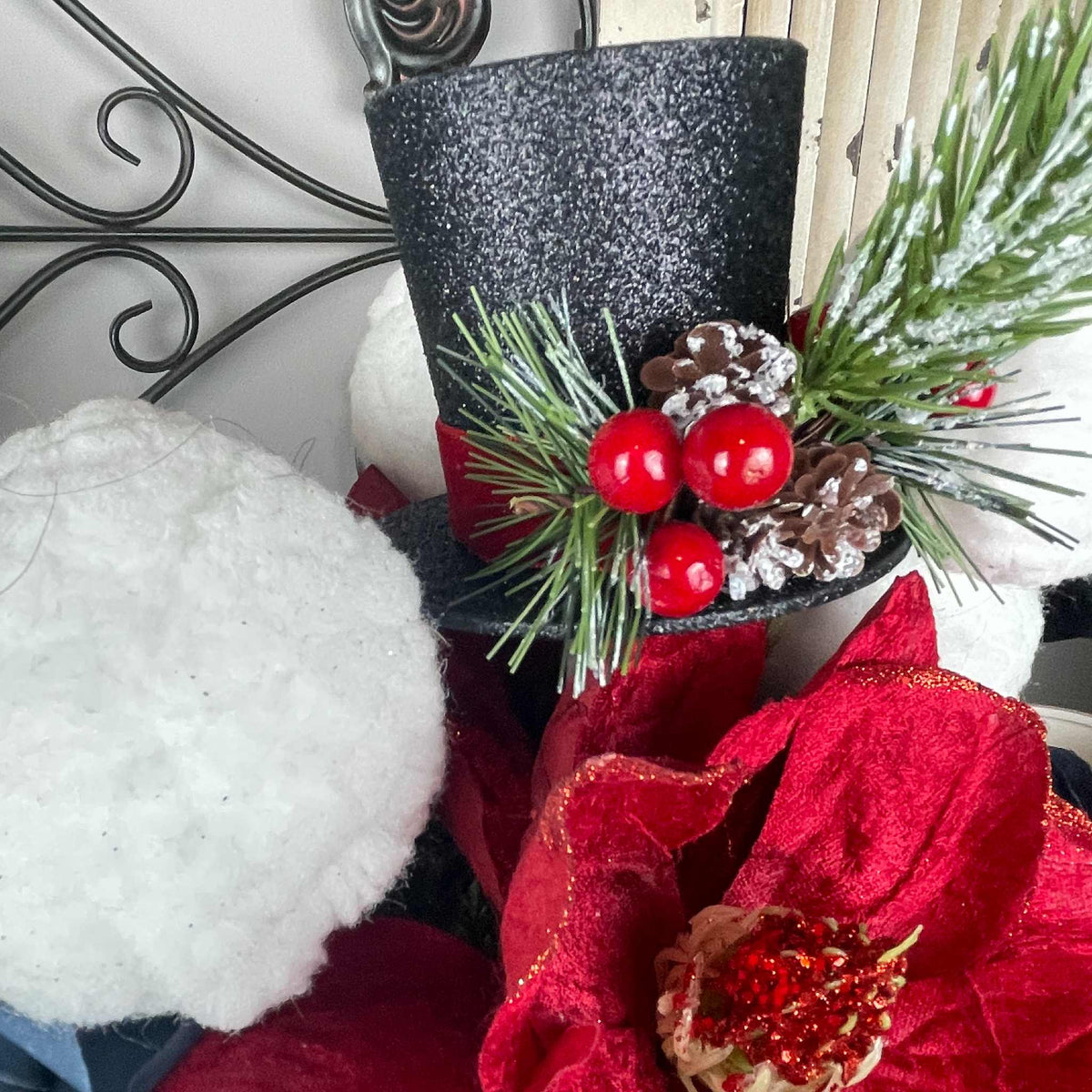 Christmas Centerpiece Red Magnolia White Metal Cup Black Top Hat