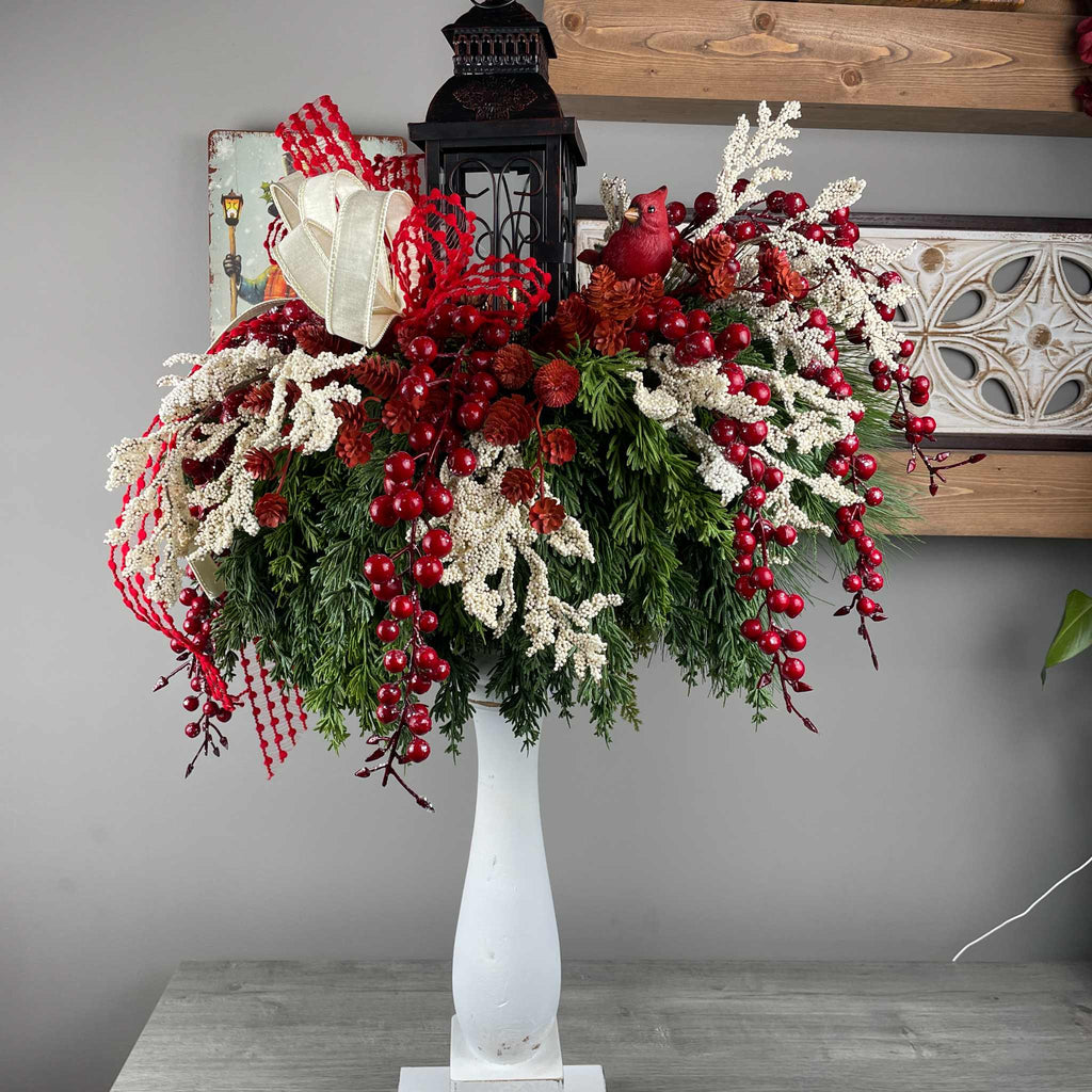Christmas Candlestick Centerpiece with Bronze Lantern & Cardinal