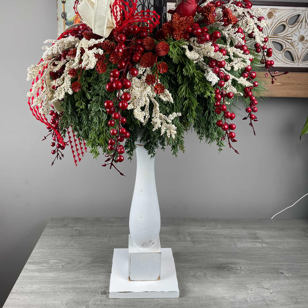 Christmas Candlestick Centerpiece with Bronze Lantern & Cardinal