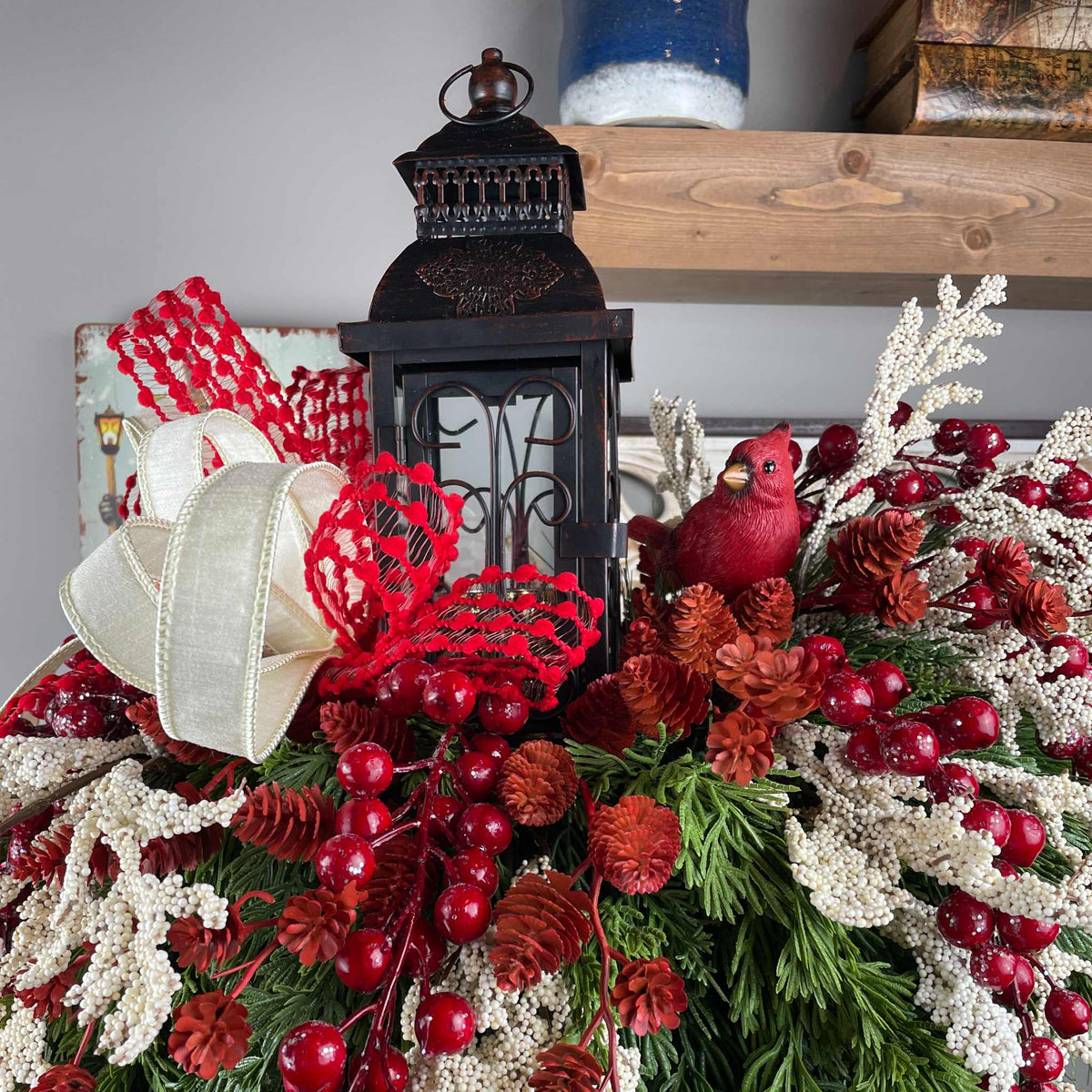 Christmas Candlestick Centerpiece with Bronze Lantern & Cardinal