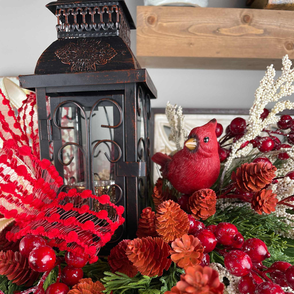 Christmas Candlestick Centerpiece with Bronze Lantern & Cardinal