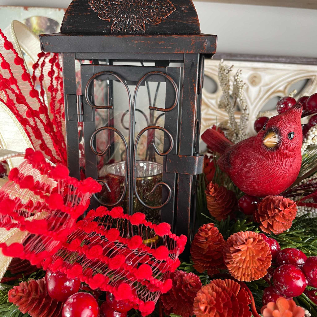 Christmas Candlestick Centerpiece with Bronze Lantern & Cardinal