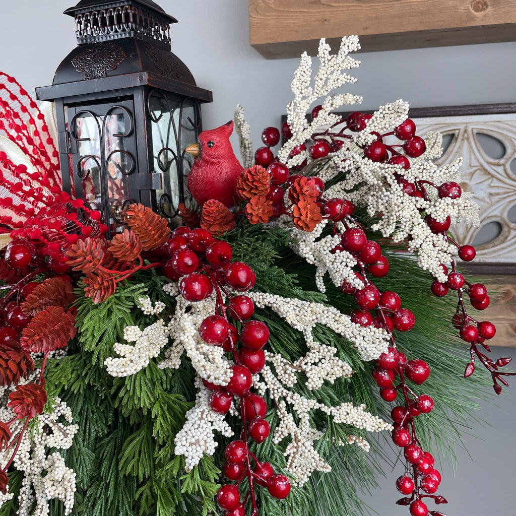 Christmas Candlestick Centerpiece with Bronze Lantern & Cardinal