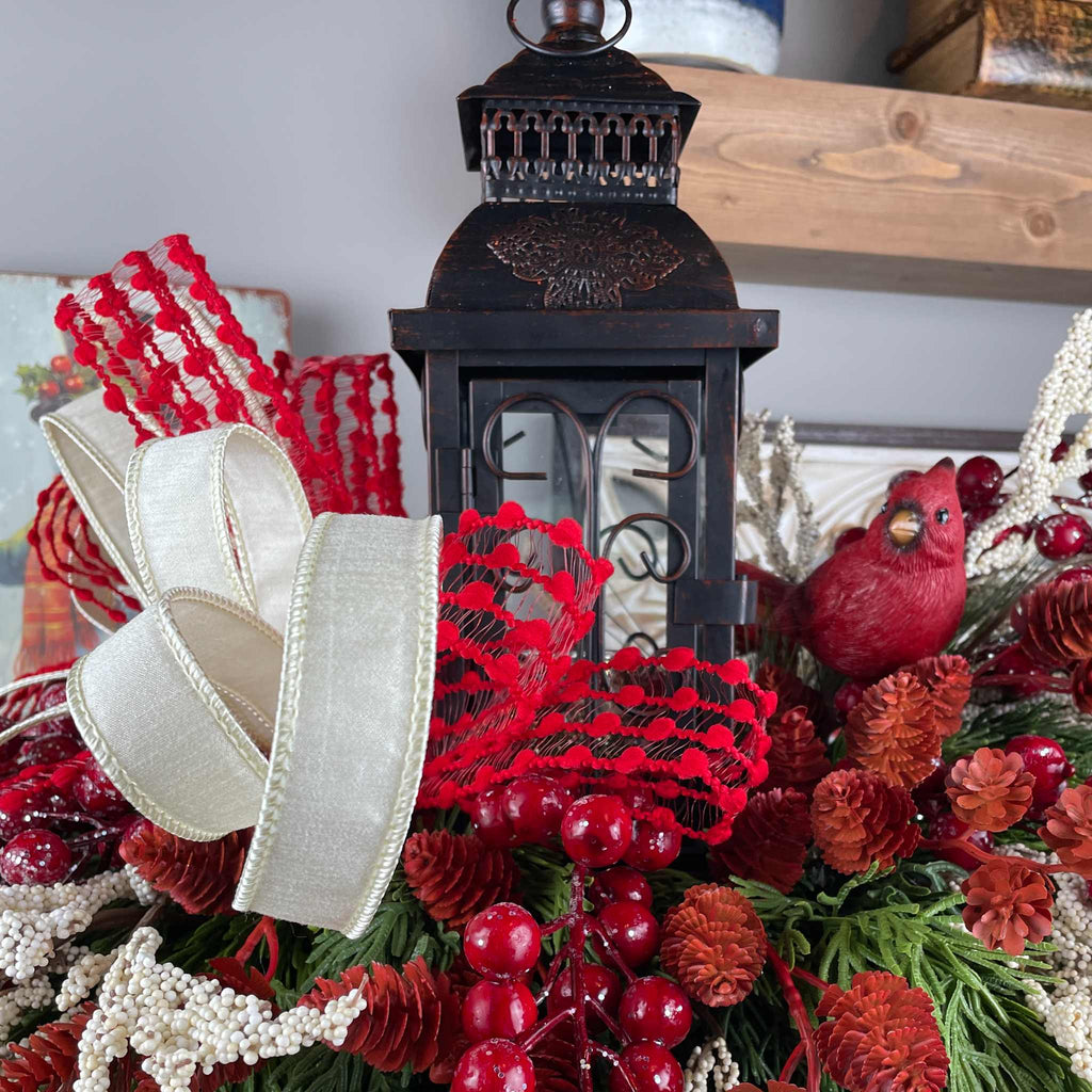 Christmas Candlestick Centerpiece with Bronze Lantern & Cardinal