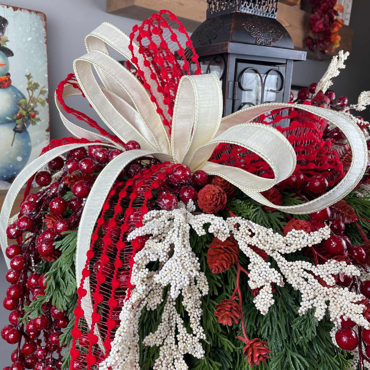 Christmas Candlestick Centerpiece with Bronze Lantern & Cardinal