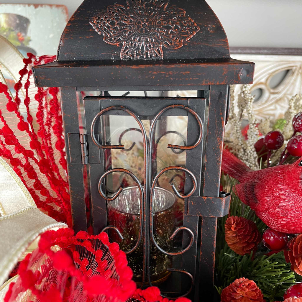 Christmas Candlestick Centerpiece with Bronze Lantern & Cardinal