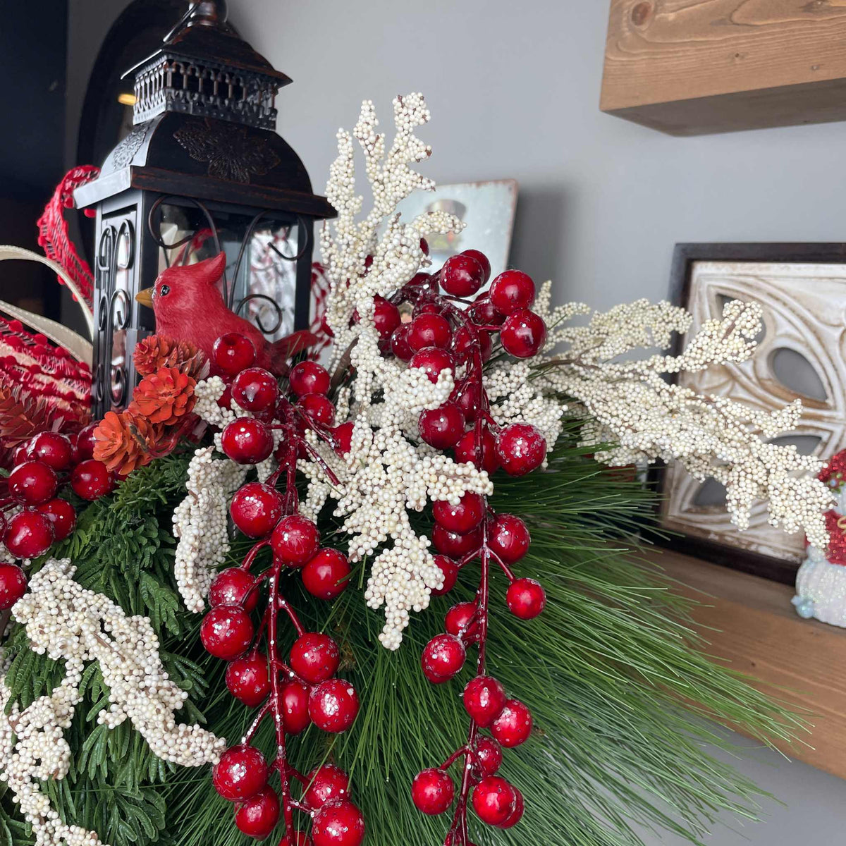 Christmas Candlestick Centerpiece with Bronze Lantern & Cardinal