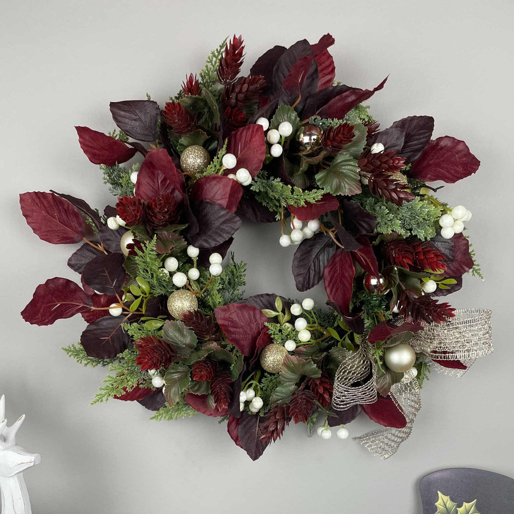 Christmas Candle Ring /Wreath Burgundy Plum Leaves Champagne Bow Decor