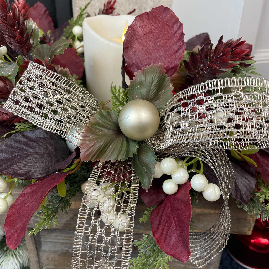 Christmas Candle Ring /Wreath Burgundy Plum Leaves Champagne Bow Decor