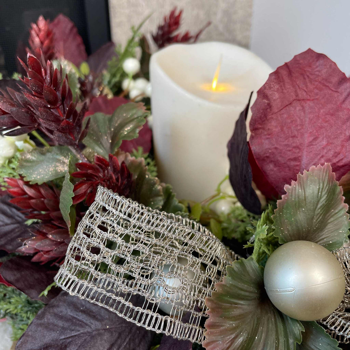 Christmas Candle Ring /Wreath Burgundy Plum Leaves Champagne Bow Decor