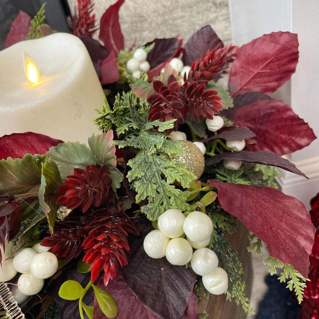 Christmas Candle Ring /Wreath Burgundy Plum Leaves Champagne Bow Decor
