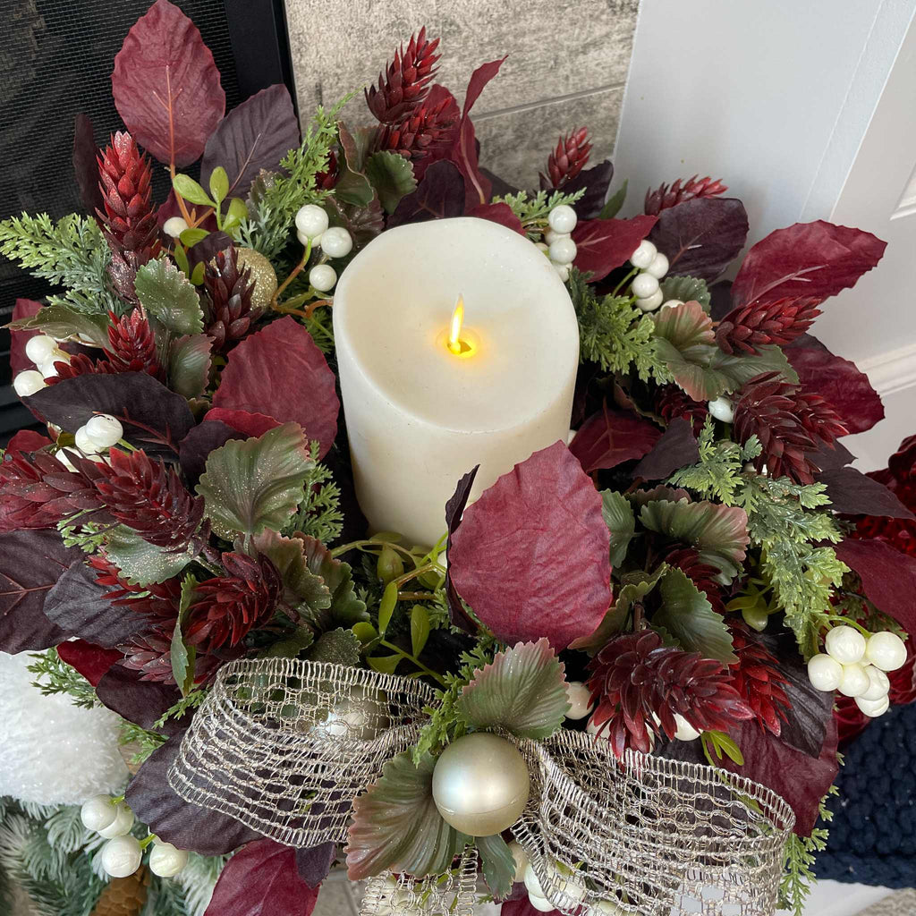 Christmas Candle Ring /Wreath Burgundy Plum Leaves Champagne Bow Decor