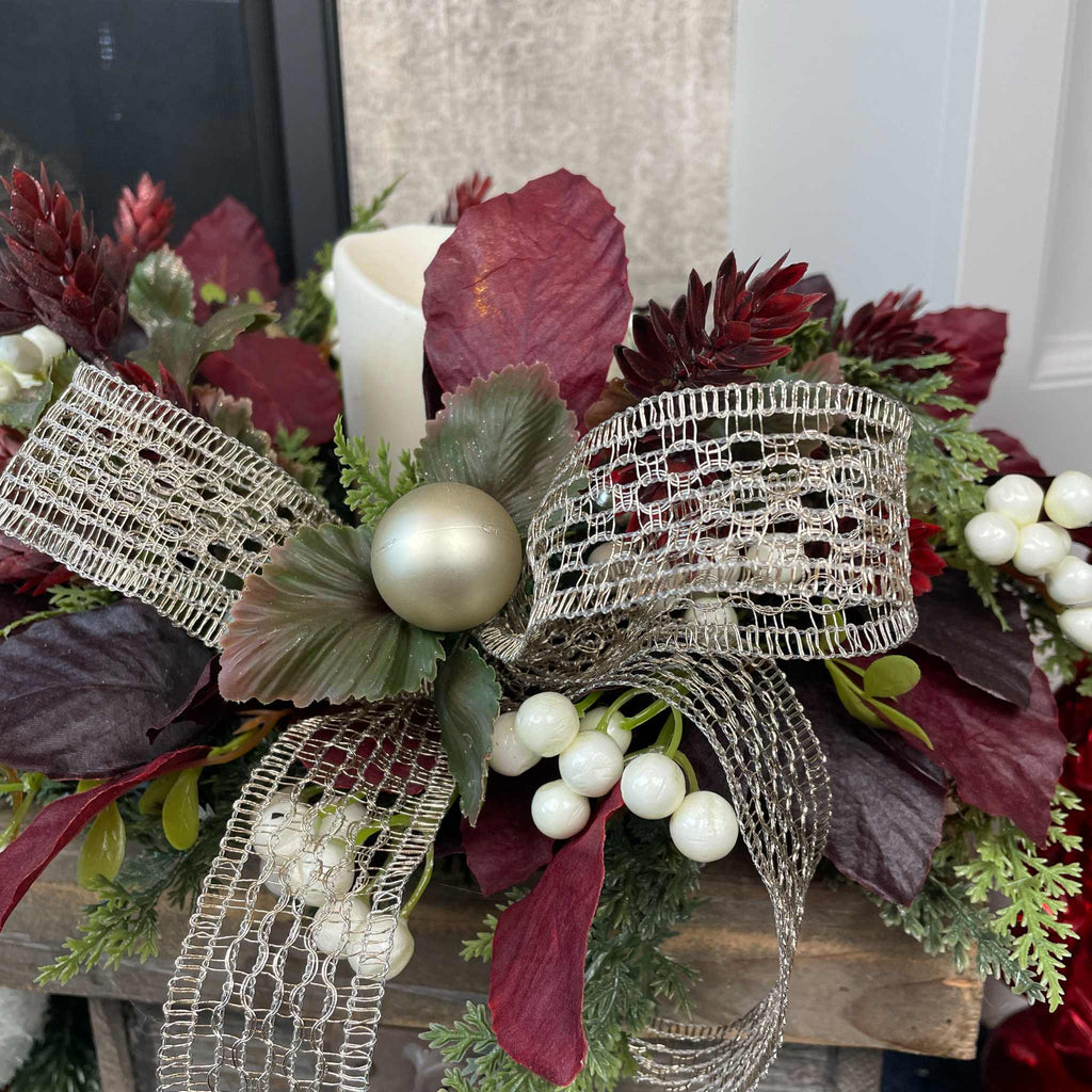Christmas Candle Ring /Wreath Burgundy Plum Leaves Champagne Bow Decor