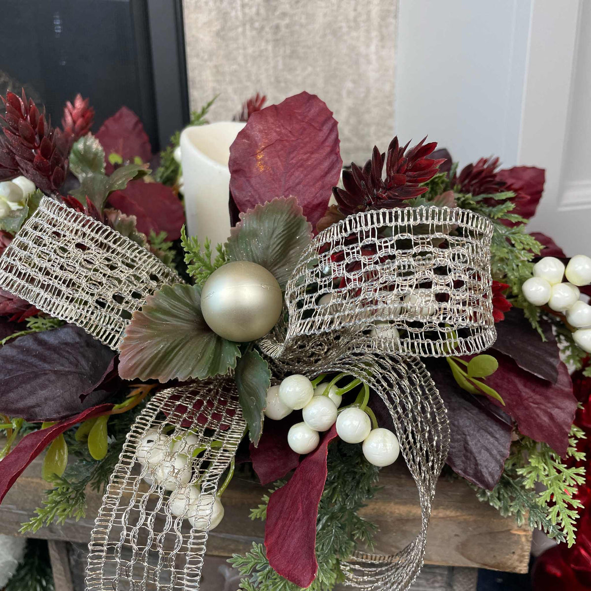 Christmas Candle Ring /Wreath Burgundy Plum Leaves Champagne Bow Decor