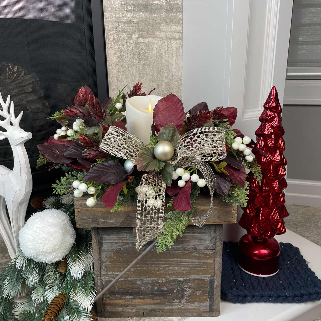Christmas Candle Ring /Wreath Burgundy Plum Leaves Champagne Bow Decor