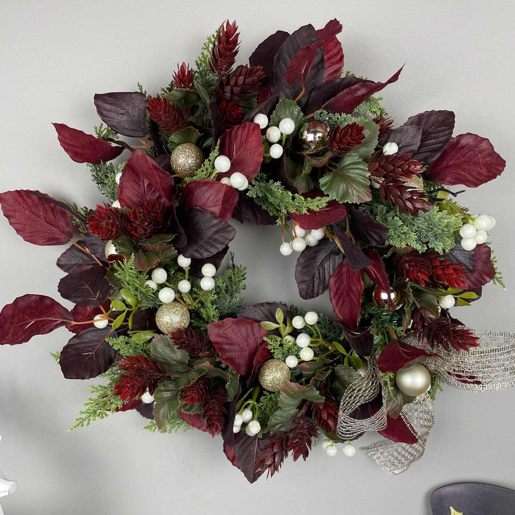 Christmas Candle Ring /Wreath Burgundy Plum Leaves Champagne Bow Decor