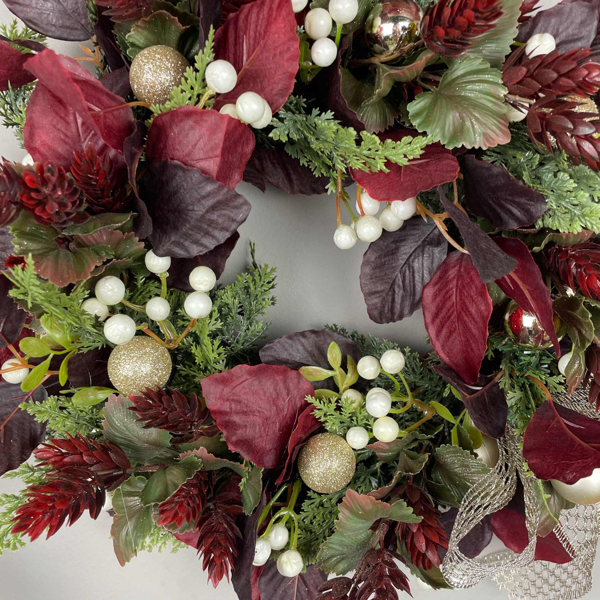Christmas Candle Ring /Wreath Burgundy Plum Leaves Champagne Bow Decor