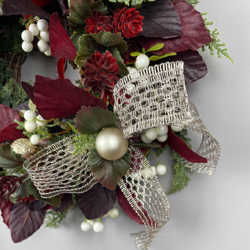 Christmas Candle Ring /Wreath Burgundy Plum Leaves Champagne Bow Decor