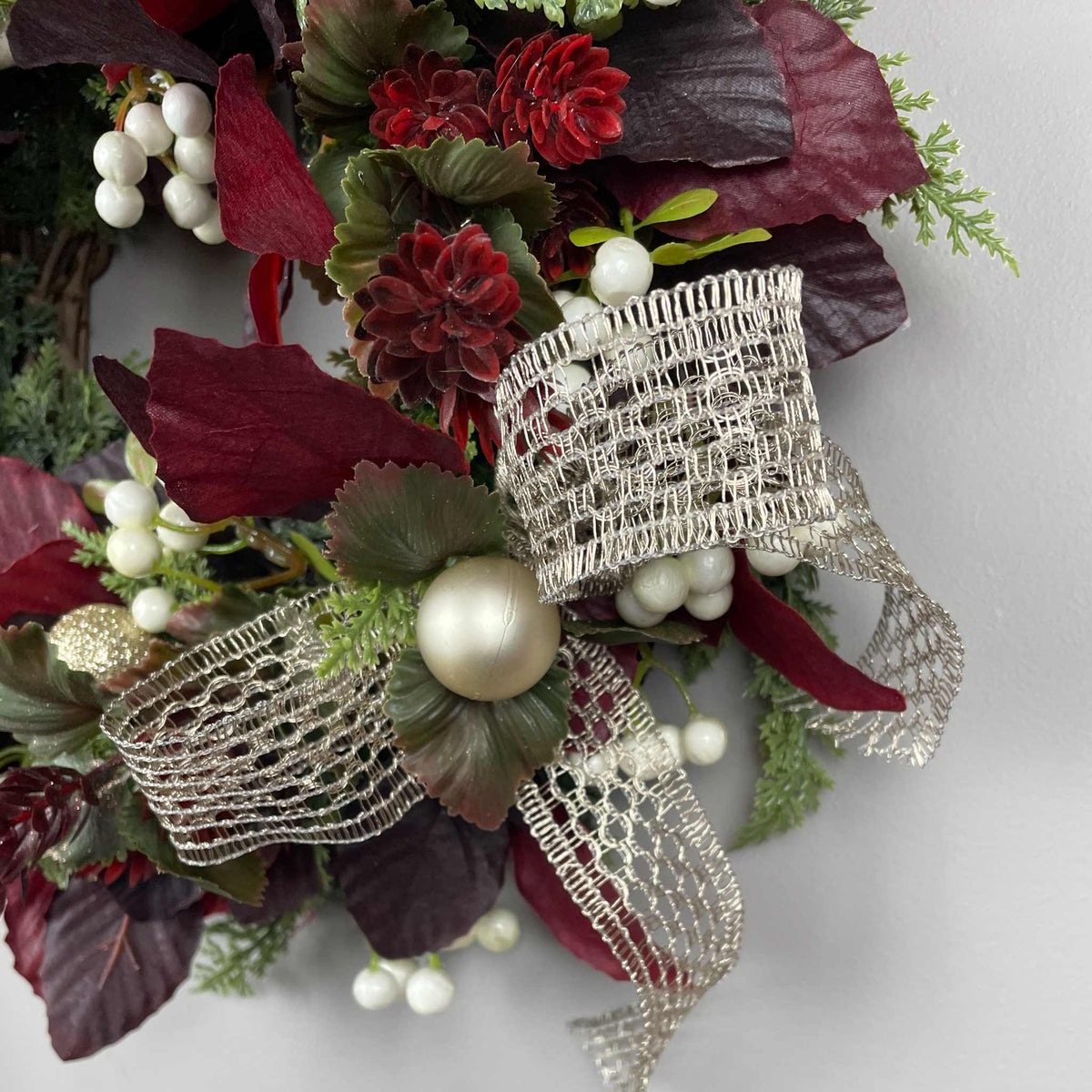 Christmas Candle Ring /Wreath Burgundy Plum Leaves Champagne Bow Decor