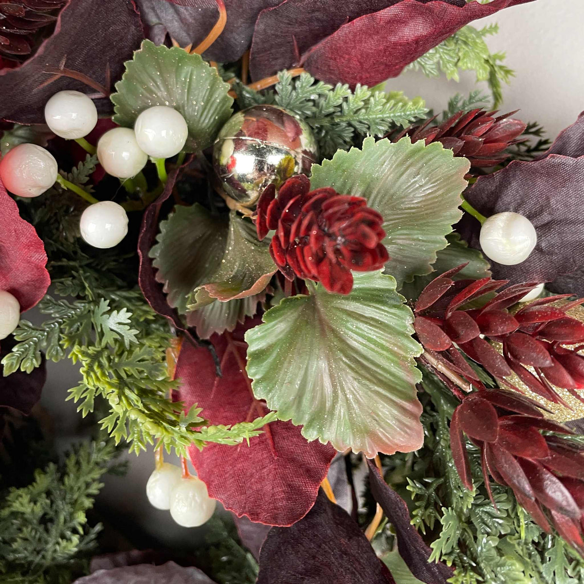Christmas Candle Ring /Wreath Burgundy Plum Leaves Champagne Bow Decor