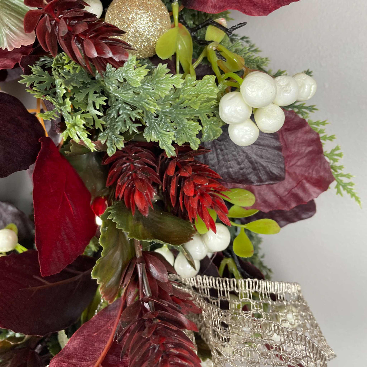 Christmas Candle Ring /Wreath Burgundy Plum Leaves Champagne Bow Decor