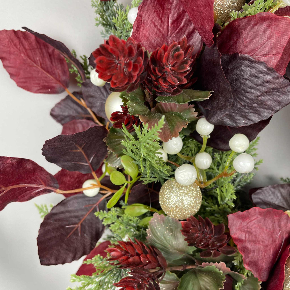 Christmas Candle Ring /Wreath Burgundy Plum Leaves Champagne Bow Decor