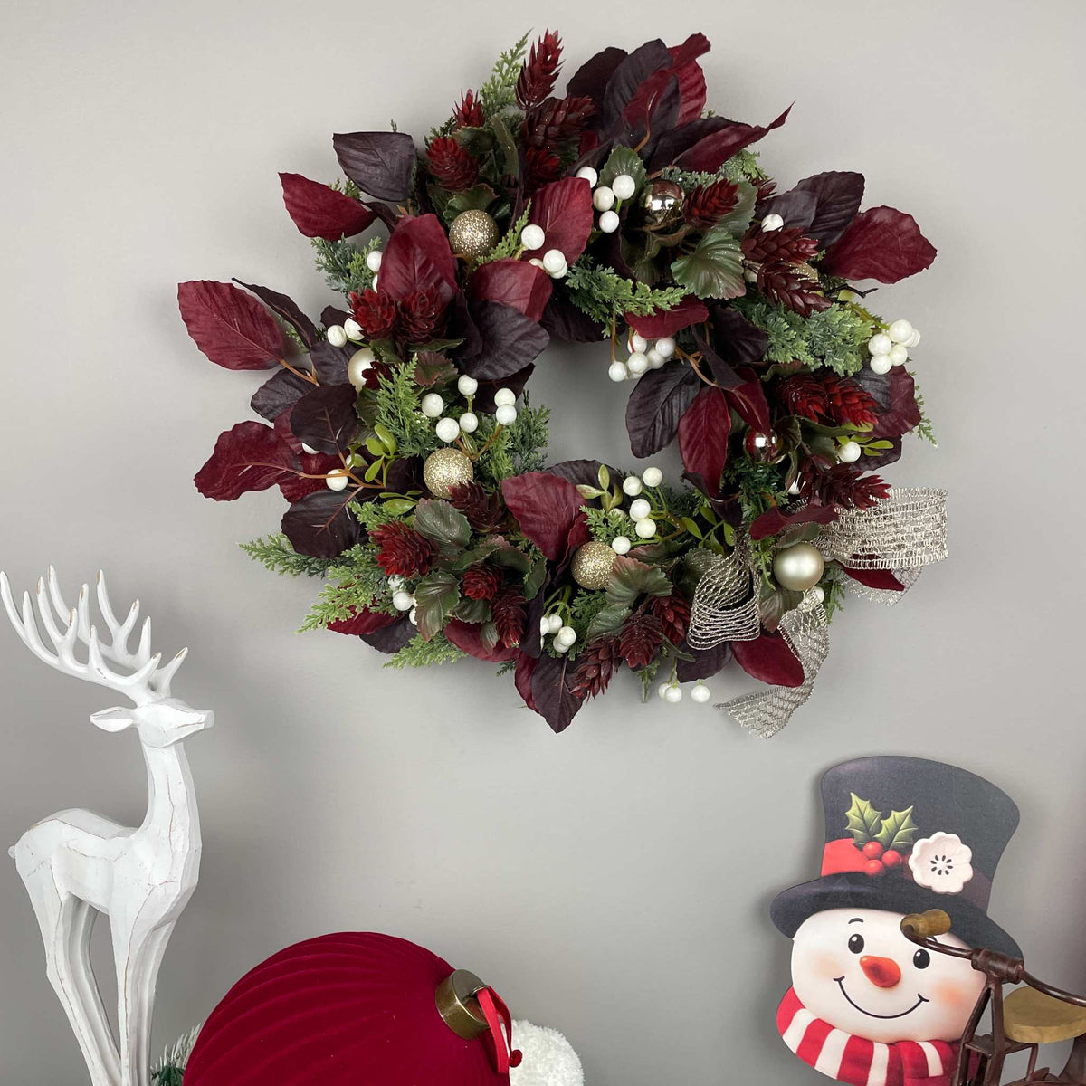 Christmas Candle Ring /Wreath Burgundy Plum Leaves Champagne Bow Decor