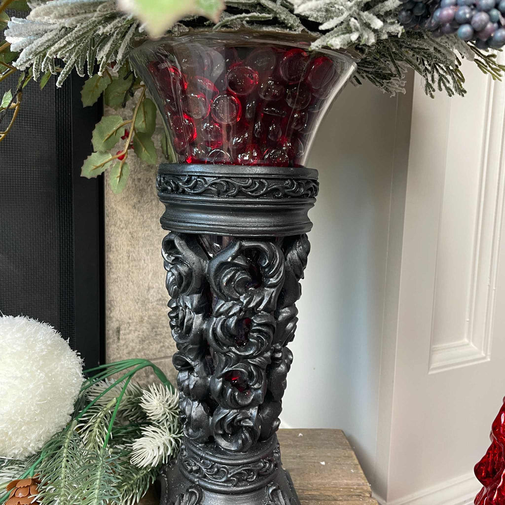 Christmas Floral Centerpiece with Iced Berries & Navy Blue Bow in Cast Iron Vase