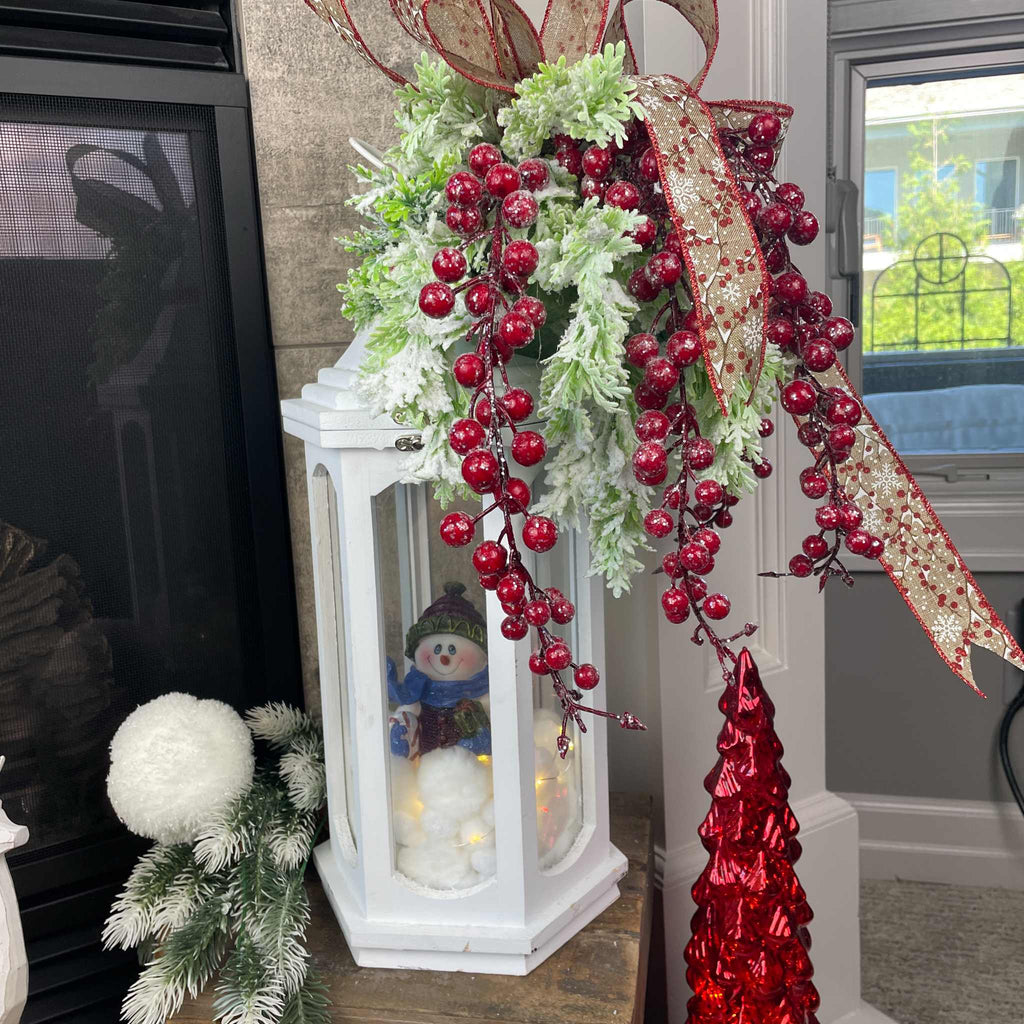 Christmas Lantern Centerpiece with Snowman and Red Berry Greenery