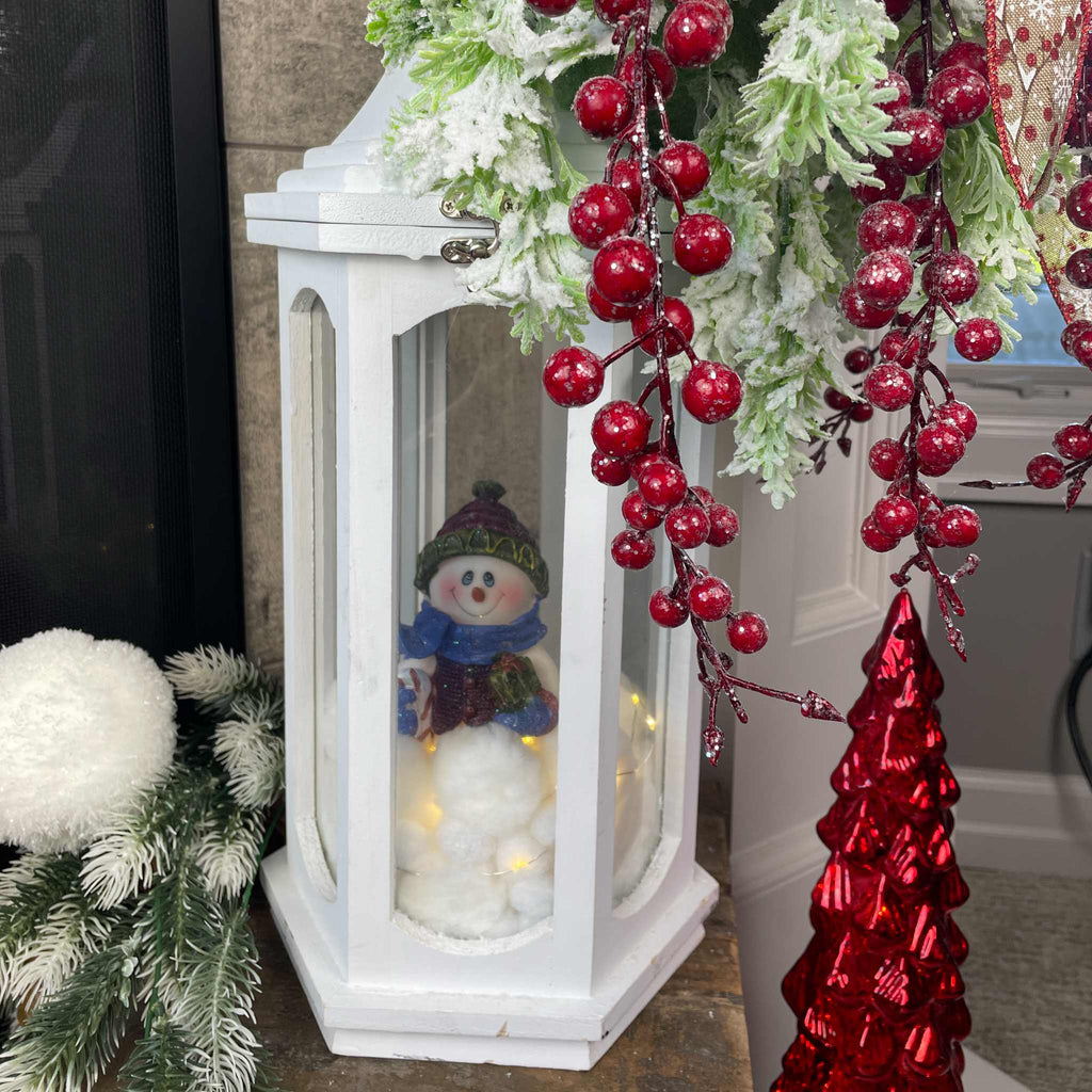 Christmas Lantern Centerpiece with Snowman and Red Berry Greenery