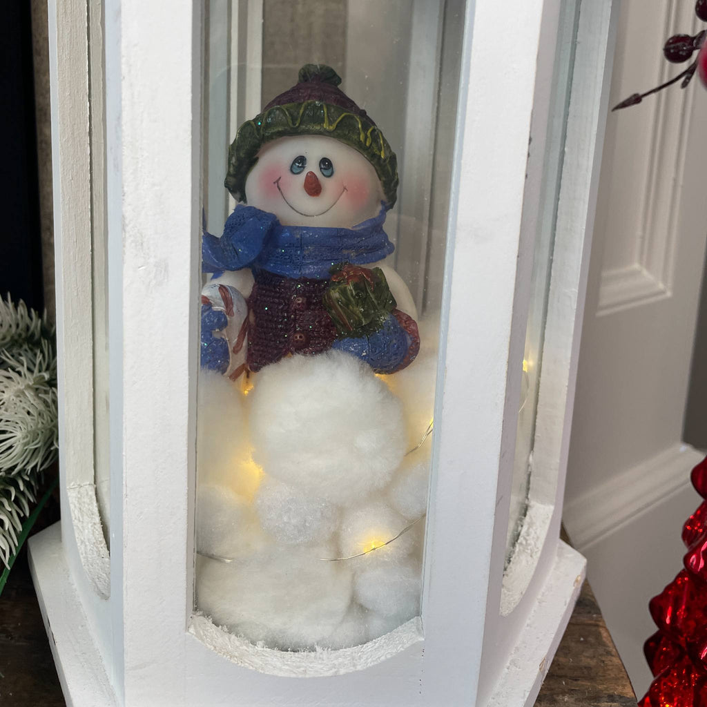 Christmas Lantern Centerpiece with Snowman and Red Berry Greenery