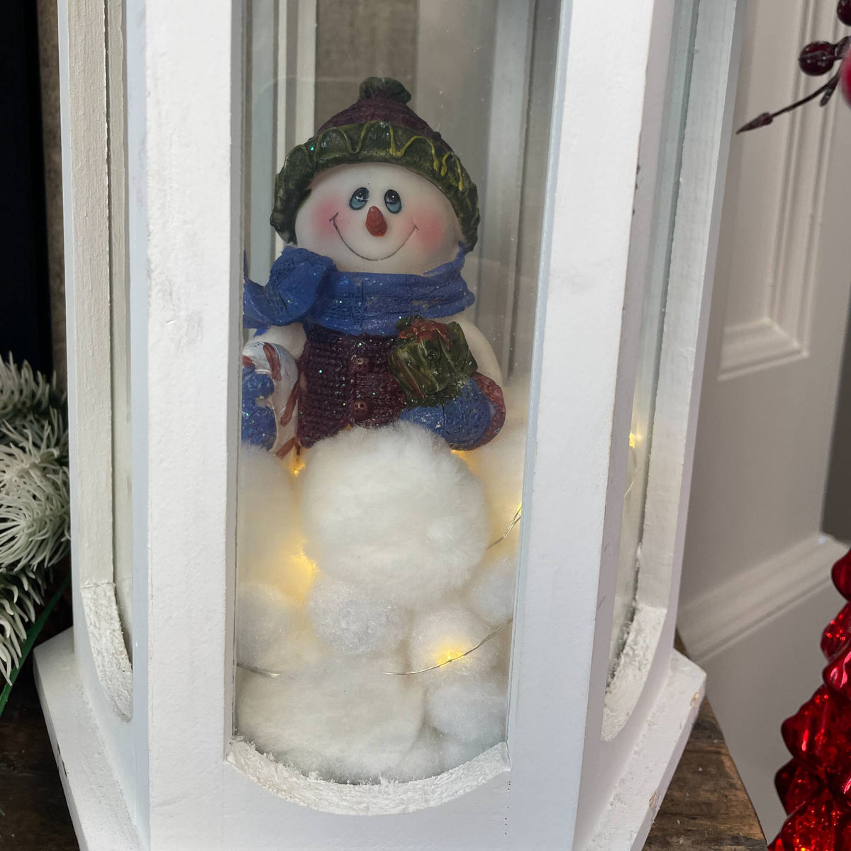 Christmas Lantern Centerpiece with Snowman and Red Berry Greenery