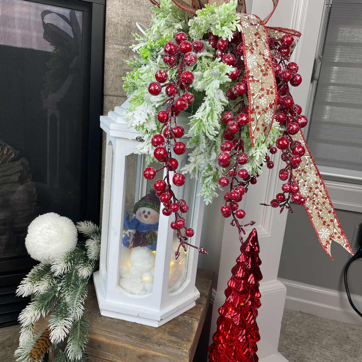 Christmas Lantern Centerpiece with Snowman and Red Berry Greenery