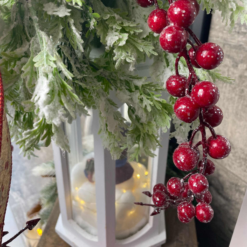 Christmas Lantern Centerpiece with Snowman and Red Berry Greenery
