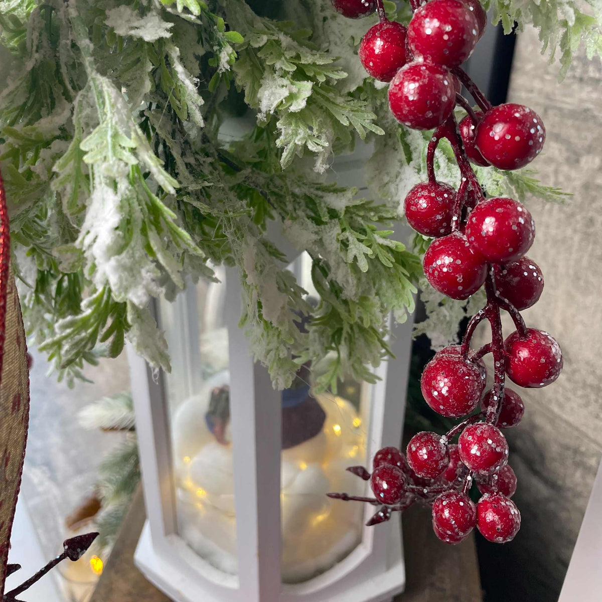 Christmas Lantern Centerpiece with Snowman and Red Berry Greenery