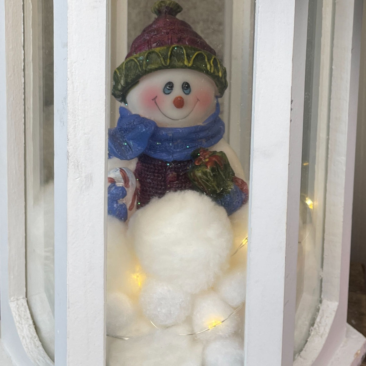 Christmas Lantern Centerpiece with Snowman and Red Berry Greenery