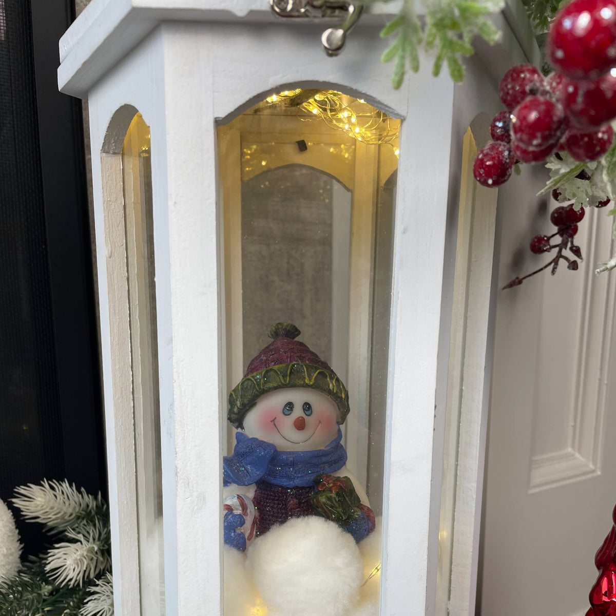 Christmas Lantern Centerpiece with Snowman and Red Berry Greenery