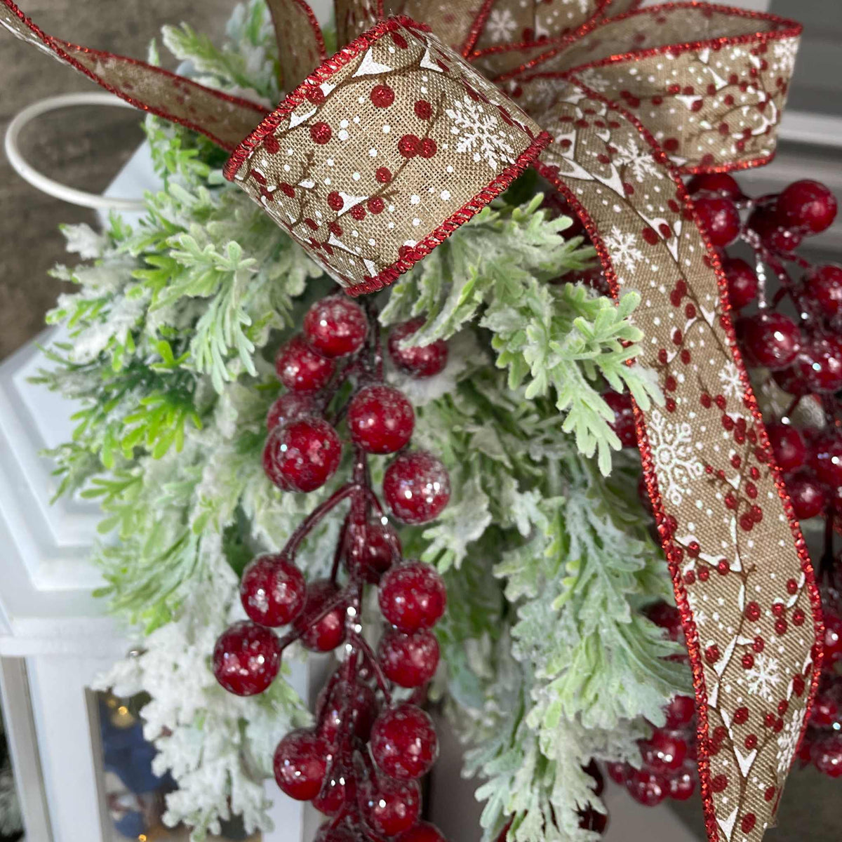 Christmas Lantern Centerpiece with Snowman and Red Berry Greenery