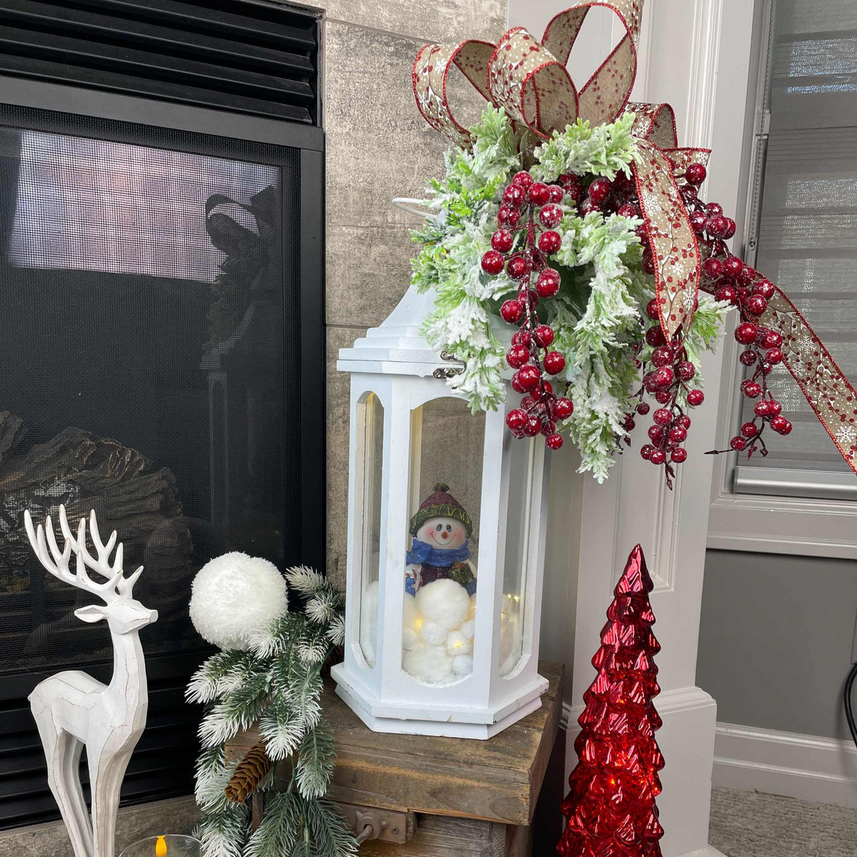 Christmas Lantern Centerpiece with Snowman and Red Berry Greenery