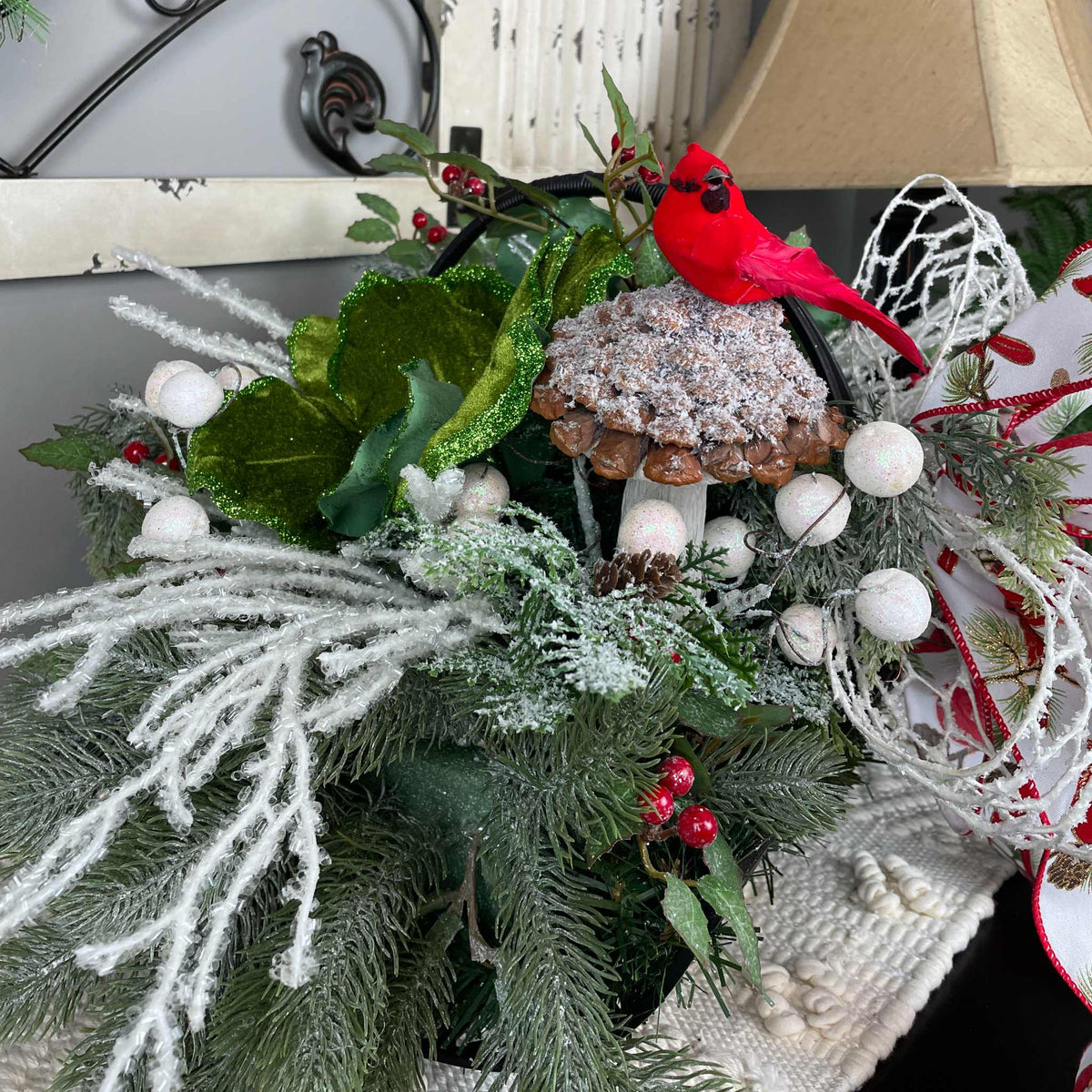 Christmas Cardinal Basket with Green Magnolias and Winter Berries