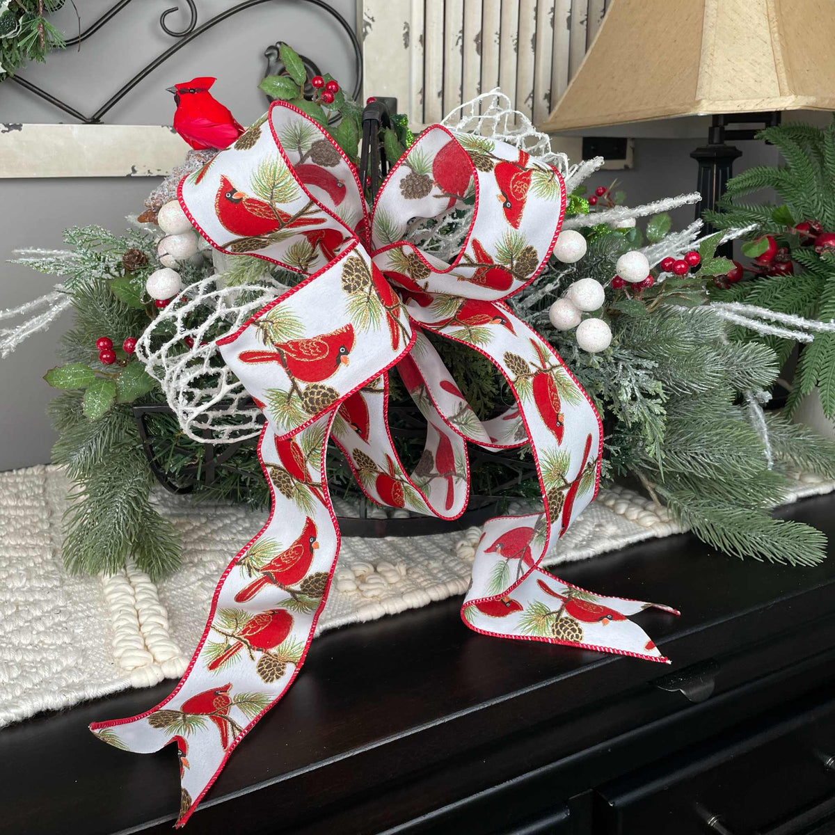 Christmas Cardinal Basket with Green Magnolias and Winter Berries